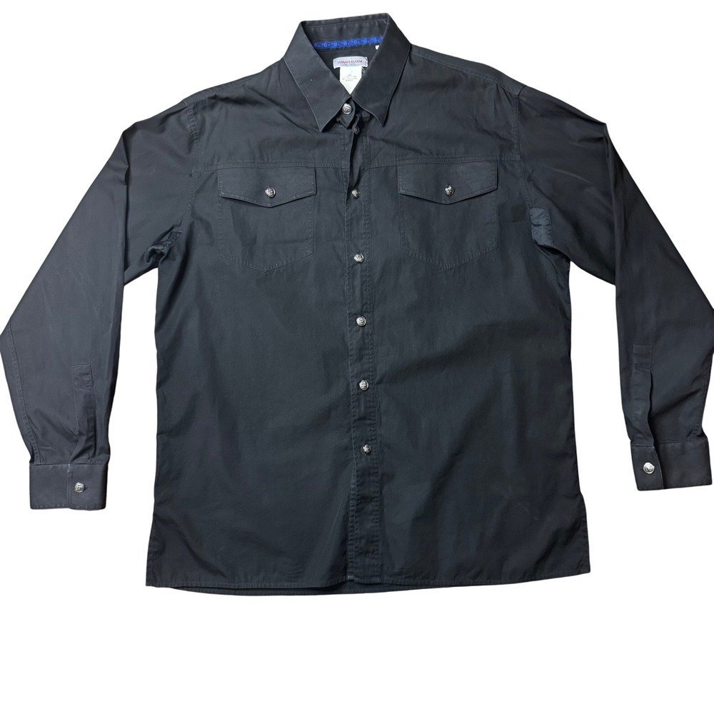 Vintage Versace Classics Mens Black Cotton Button Down Medallion Buttons Size Lg